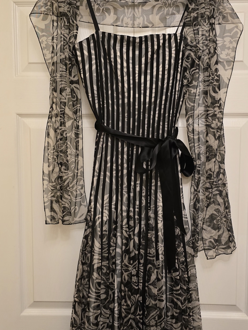 Black and White Striped Floral Overlay Dress with Satin Belt